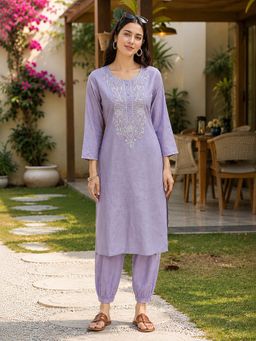 Nayam by lakshita - Lavender Embroidered Cotton Blend Kurta with Salwar