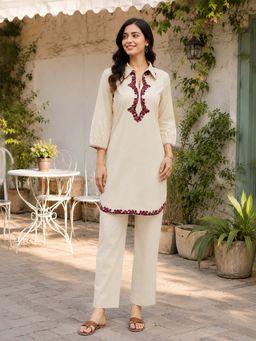 Nayam by lakshita - Beige Embroidered Cotton Blend Kurti with Pant