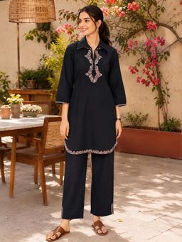 Nayam by lakshita - Black Embroidered Cotton Blend Kurti with Pant