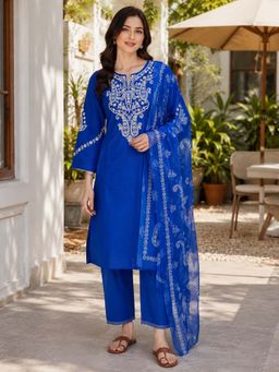 Nayam by lakshita - Blue Embroidered Cotton Blend Kurta and Pant with Dupatta