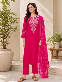 Nayam by lakshita - Pink Embroidered Cotton Blend Kurta and Pant with Dupatta