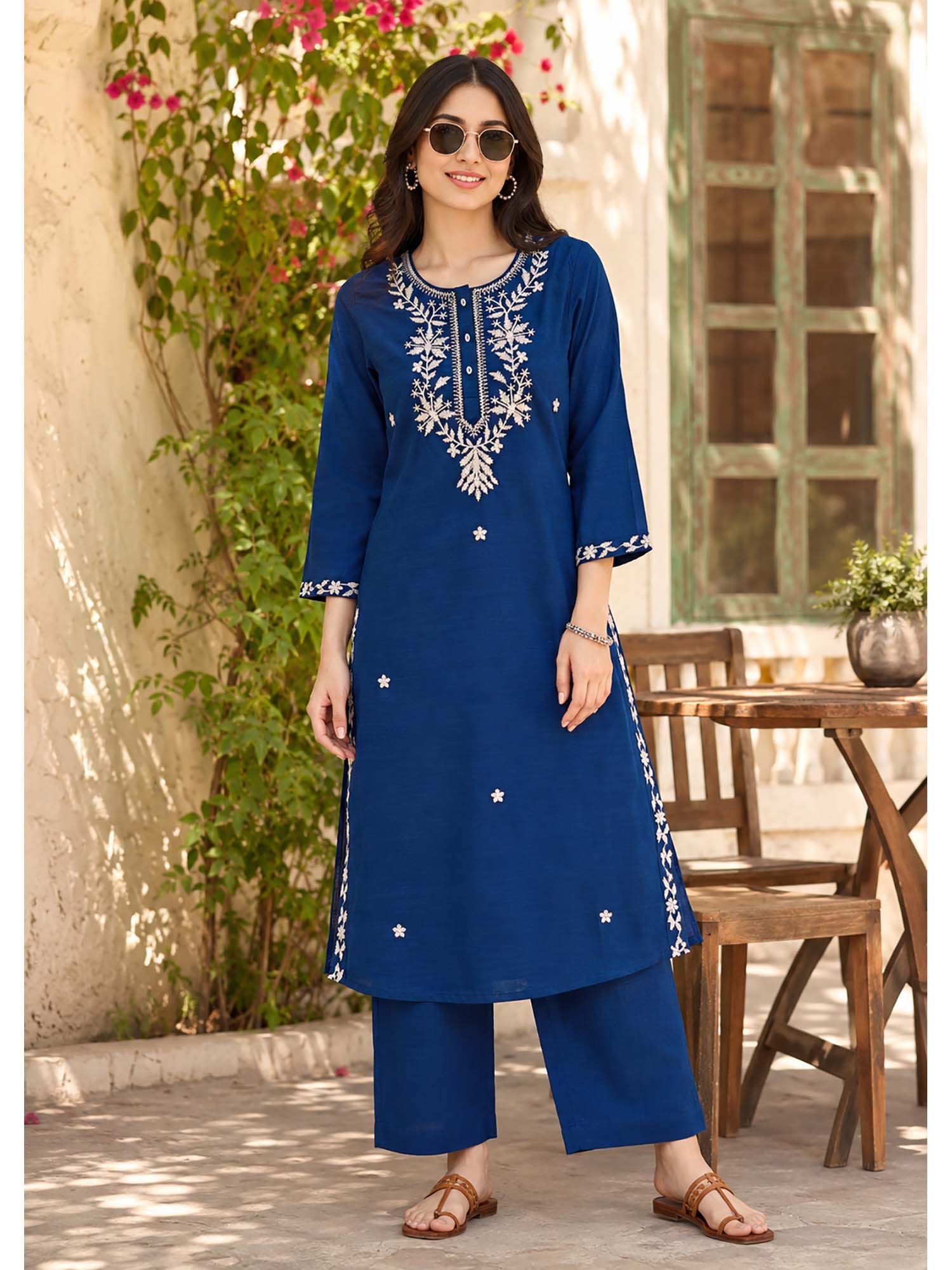 Navy Blue Embroidered Cotton Blend Kurta with Pant-picture-30