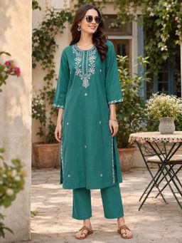 Nayam by lakshita - Green Embroidered Cotton Blend Kurta with Pant