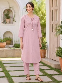 Nayam by lakshita - Pink Embroidered Cotton Blend Kurta with Pant