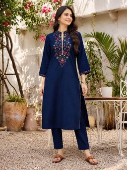 Nayam by lakshita - Navy Blue Embroidered Cotton Blend Kurta with Pant