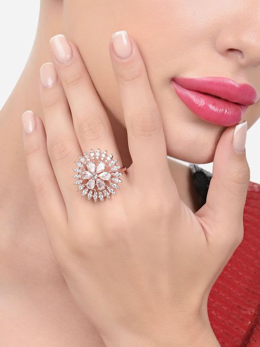 Zaveri Pearls Rose Gold Cubic Zirconia Party Bling Statement Brass Ring-ZPFK15428