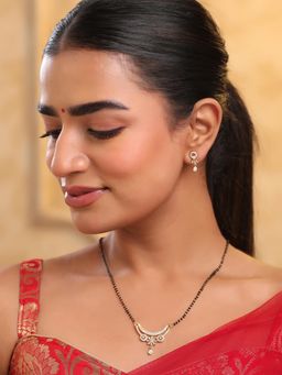 Yellow Chimes - Womens Gold Plated Ad Studded Black Beads Mangalsutra with Earrings (Set Of 2)