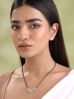 Yellow Chimes - Womens Rhodium Plated AD Studded Black Beads Mangalsutra & Earrings (Set of 2)