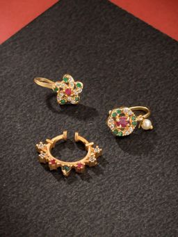 Yellow Chimes - Womens Without Piercing Gold Plated Stone Studded Nose Pins (Pack of 3)