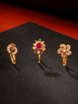 Yellow Chimes - Womens Without Red Piercing Gold Plated Stone Studded Nose Pins (Pack of 3)