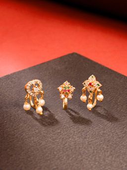 Yellow Chimes - Womens Without Piercing Gold Plated Stone Studded Nose Pins (Pack of 3)