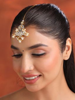 Yellow Chimes - Womens Gold Plated Kundan Crystal Pearl Maang Tikka