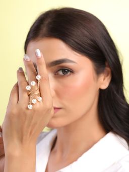 Yellow Chimes - Womens White Adjustable Gold Plated Pearl Ring