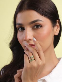 Yellow Chimes - Womens Green Gold Plated Stone Studded Leaf Shaped Ring