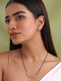 Yellow Chimes - Womens Rose Gold Plated AD Studded Black Beads Mangalsutra & Earrings (Set of 2)