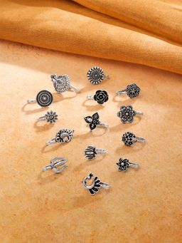 Yellow Chimes - Womens Without Piercing Silver Oxidized Nose Pins (Pack of 14)