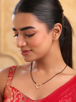 Yellow Chimes - Womens Rose Gold Plated AD Studded Heart Shaped Black Beads Mangalsutra