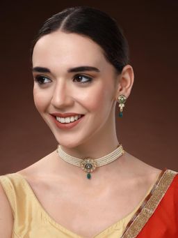 Estele - Womens Green Stone Drops Traditional Pearl Choker with Earrings (Set of 2)