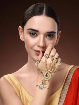Estele - Womens Multi Finger Bridal Gold Plated Peacock Design Hathphool