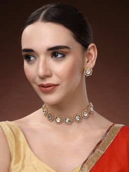 Estele - Womens Hexagon Design Bridal Gold Plated Kundan Choker with Earrings (Set of 2)