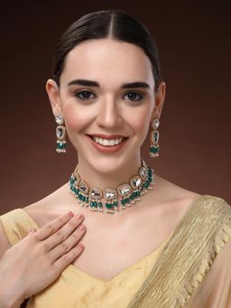 Estele - Womens Ethnic Kundan Mirror Work Gold Plated Choker with Earrings (Set of 2)