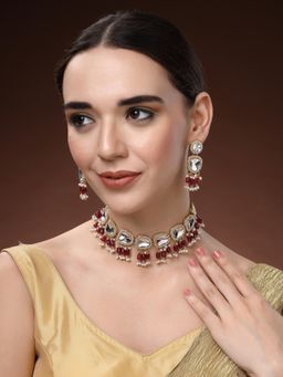 Estele - Womens Brides Kundan Polki Mirror Work Ruby Red Gold Plated Choker with Earrings (Set of 2)