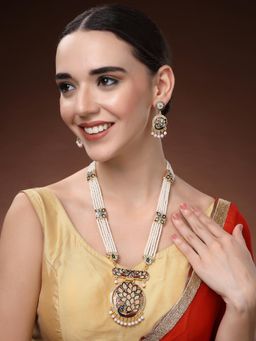 Estele - Womens Pearl Gold Plated Rani Haar with Peacock Necklace with Earrings (Set of 2)