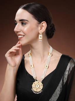 Estele - Womens Gold Plated Long Pendant Traditional Pearl Necklace with Earrings (Set of 2)