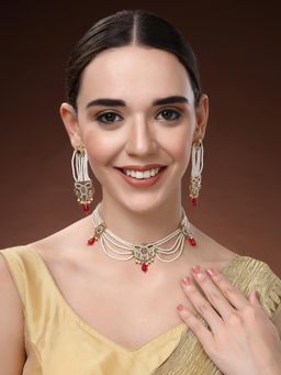 Estele - Womens Traditional Pearl Gold Finish Ruby Drops Necklace Wih Earrings (Set of 2)