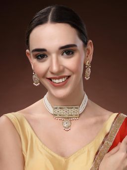 Estele - Womens Rectangle Pendant Gold Plated Pearl Choker with Earrings (Set of 2)