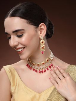 Estele - Womens Red Gold Plated Traditional Pearls Kundan Polki Choker with Earrings (Set of 2)