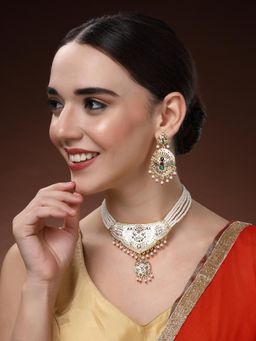 Estele - Womens Traditional Peacock Gold Plated Pearl Necklace with Earrings (Set of 2)