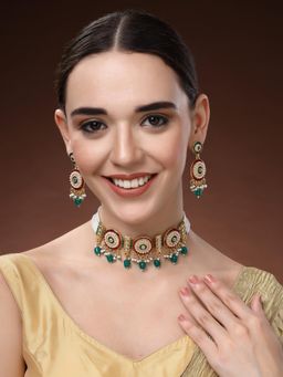 Estele - Womens Green Beads Gold Plated Multi Strand Pearl Choker with Earrings (Set of 2)