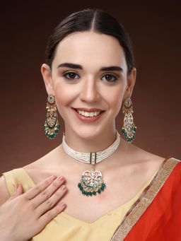 Estele - Womens Green Traditional Gold Plated Pearl Layer Choker with Earrings (Set of 2)