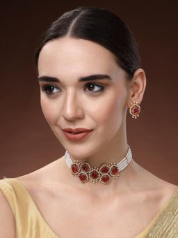Estele - Womens Traditional Jewellery Gold Plated Kundan Style Pearl Choker with Earrings (Set of 2)