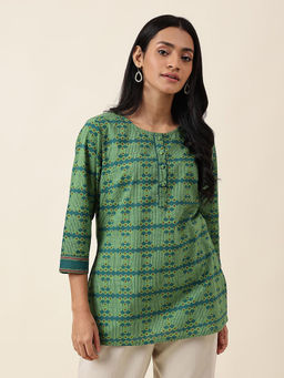 Fabindia - Green Cotton Printed Hand Block Printed Short Kurta