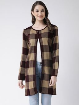 Club York - Women Beige Coffee Brown Checked Open Front Shrug