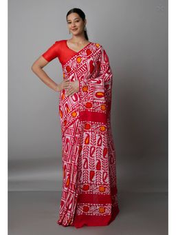 Unnati Silks - Red Pure Batik Kota Cotton Saree with Unstitched Blouse