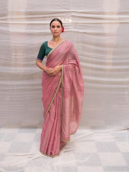 PRIYANKA RAAJIV - Durga Pink Chanderi Tissue Saree with Hand Zardozi Border with Unstitched Blouse