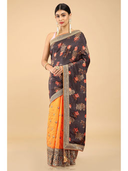 Soch - Brown Tussar Printed Saree with Unstitched