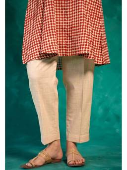 The Indian Ethnic Co. - Prita Beige Solid Slub Cotton Narrow Pant