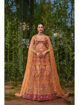 Jigar and Nikita - Pakshi Jaal- The Living Tapestry Warm Amber Lehenga with Blouse and Dupatta