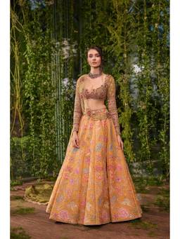 Jigar and Nikita - Pearls Trail Golden Saffron and Moss Verdure Lehenga with Blouse & Dupatta