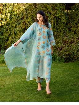 Naaz By Noor - Lush Flower Child Blue Kurta Pant and Dupatta