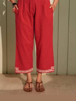 Rangsutra - Ishanvi Red-White Pintuck Cotton Pant