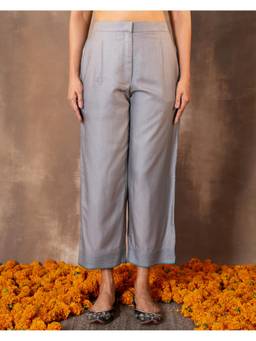 Rangsutra - Ruhani Grey Straight-Fit Cotton Silk Pant