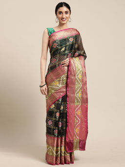 Banarasi Silk Works - Black & Pink Rajkot Patola Art Silk Saree with Unstitched Blouse