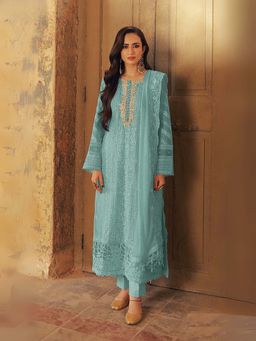 Odette - Blue Embroidered Georgette Semi-Stitched Kurta with Bottom and Dupatta (Set of 3)