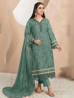Odette - Green Organza Embroidered Semi-Stitched Kurta with Bottom and Dupatta (Set of 3)