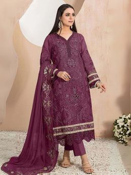 Odette - Wine Organza Embroidered Semi-Stitched Kurta with Bottom and Dupatta (Set of 3)